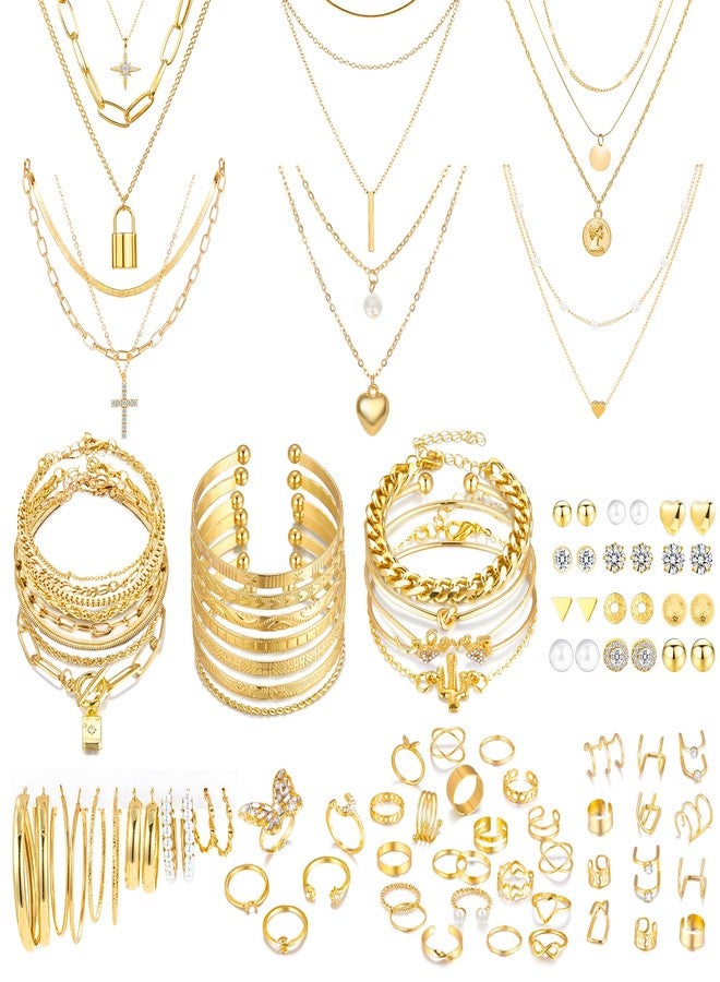 MEDOJO 93 Pcs Golden Jewelry Set for Women Costume Jewelry Pack Golden Plated Necklace Bracelet Stackable Ring Earrings Jewelry for Christmas New Year - Image 1